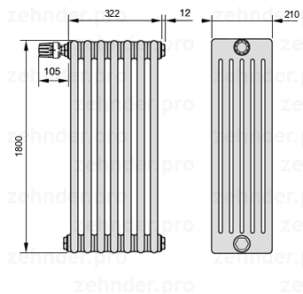 Схема (чертеж) Радиатор Zehnder Charleston 6180/7 №V012 Белый глянцевый RAL 9016